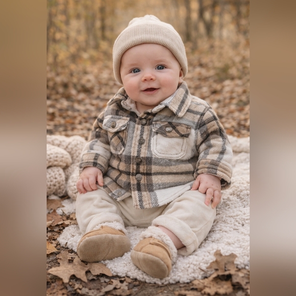 GAP Other - Baby Gap Sherpa Lined Plaid Jacket Shacket Neutral Cozy Winter 0-6 Months